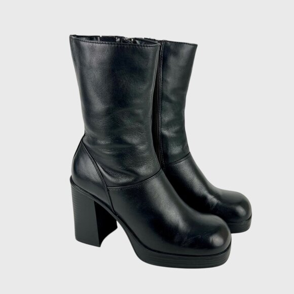 Steve Madden Womens Black Leather Chunky Boots Block Heel Square Toe size 7 - Picture 1 of 16